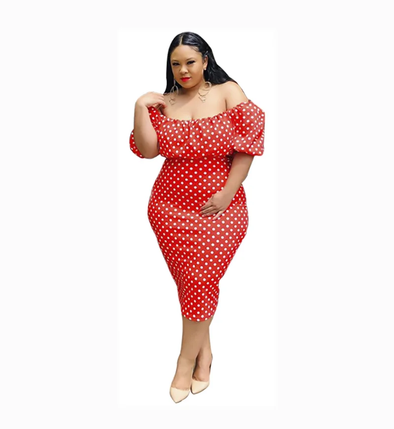 

2026 New Summer Women's Dot Printed Off Shoulder Casual Party Dresses Lantern Sleeve Vestido Plus Size 9XL 8XL 7XL 6XL XXXXXL