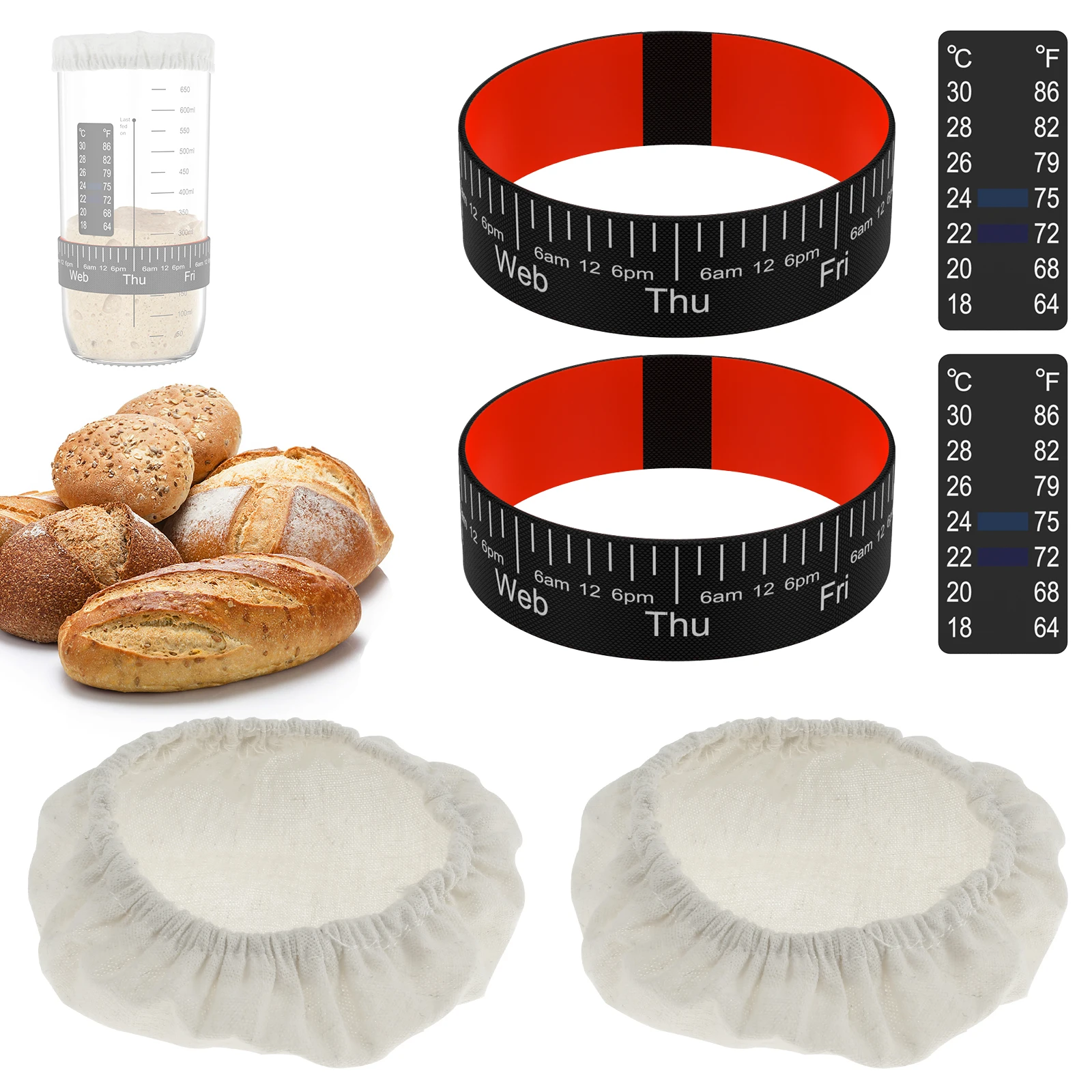 Sourdough Starter Acessórios Kit, Capa de pano, Data Marked Feeding Band, Temperatura Paper Jar, Novo, 6pcs