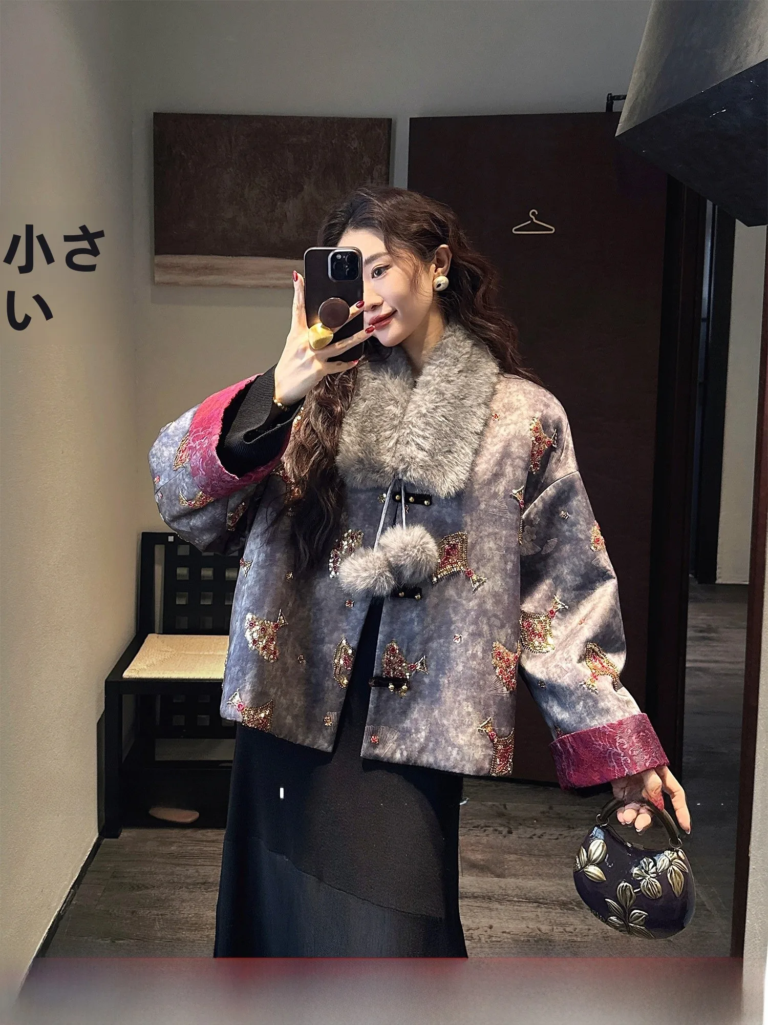 

Sanji Bla Flower New Chinese Sle Embroidered Floral Silk Cotton Jaet Women's Winter Faion Trend Outerwear Coat