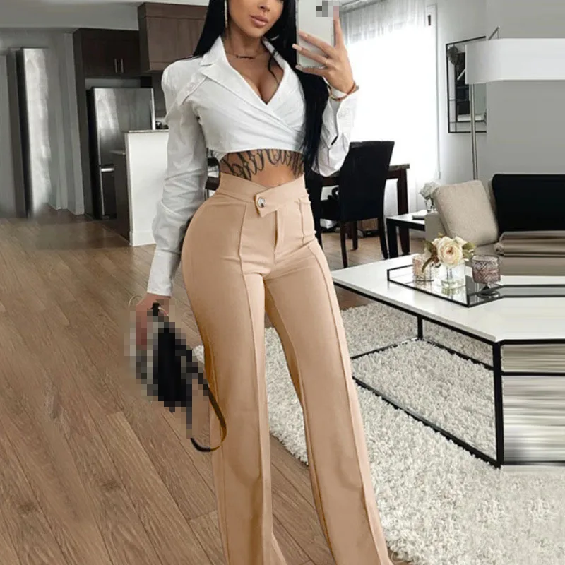 

New Casual Women Pants Solid Color Spring And Autumn Straight Femme Trousers Fashionable High-waisted Micro-elastic Loose Pants