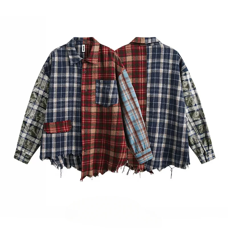 BEIANJI early spring new design sense irregular splicing plaid shirt men's trend European and American street long-sleeved shirt