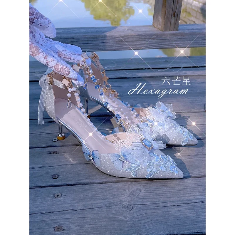 

DY20 Ретро Французский Стиль Лолита Элегантные Цветочные Свадебные Туфли Для Косплея Для Девочек Острый Кружевной Цветок Лук Драгоценный Камень 6,5-8,5 см Высокий Каблук Шо