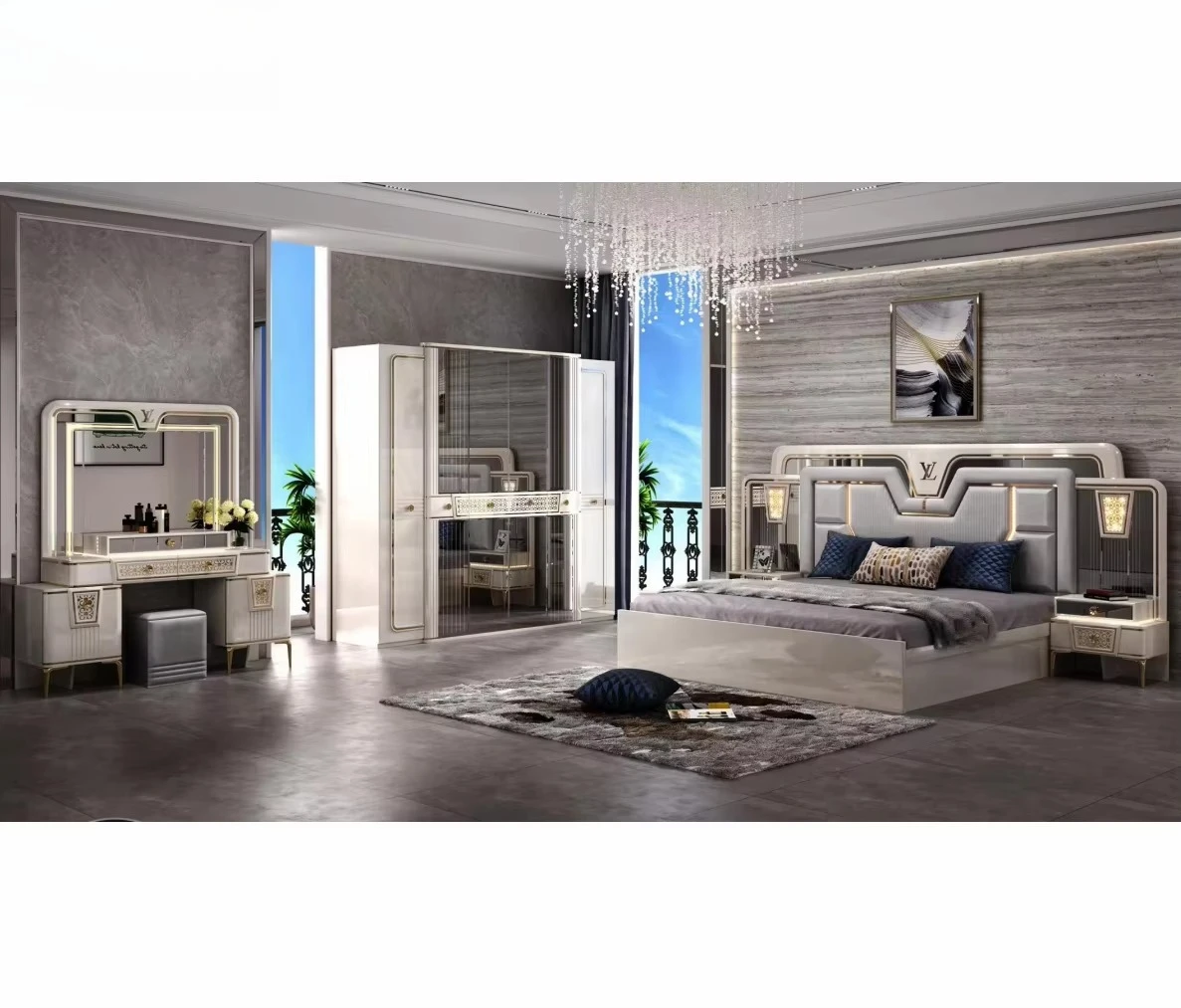 Newly Elegant Noble Style Mirrored Bedroom Set Furniture With LED Lighted