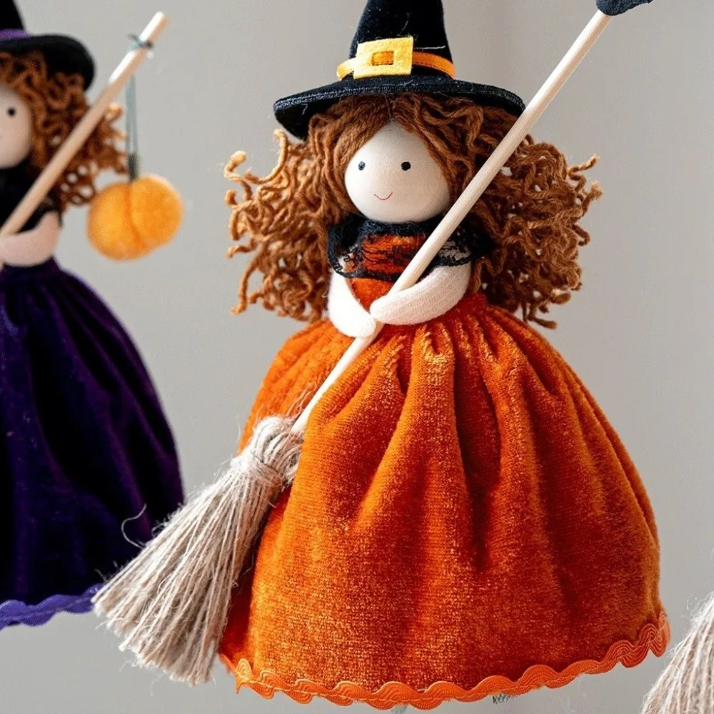 Handmade Halloween Broom Girl Pendant Pumpkin Bat Spider Soft Stuffed Curly Hair Witch Hanging Velvet Skirt