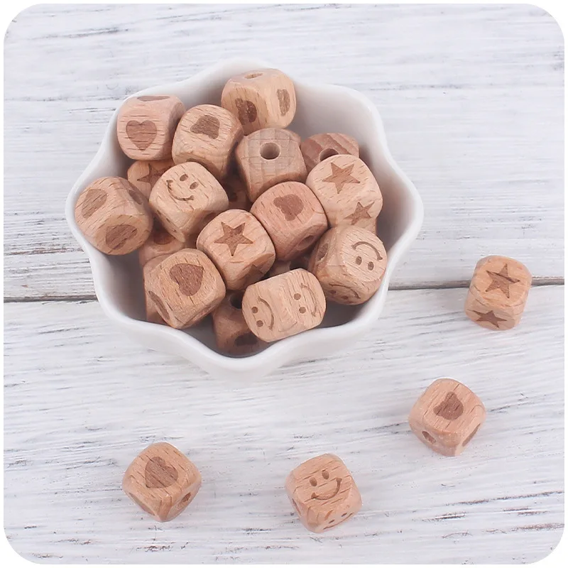 ABCPICK 50pcs 12mm Beech Wooden Beads Natural Square carving Pattern Loose Beads for Crafts DIY Jewelry Making Wholesale