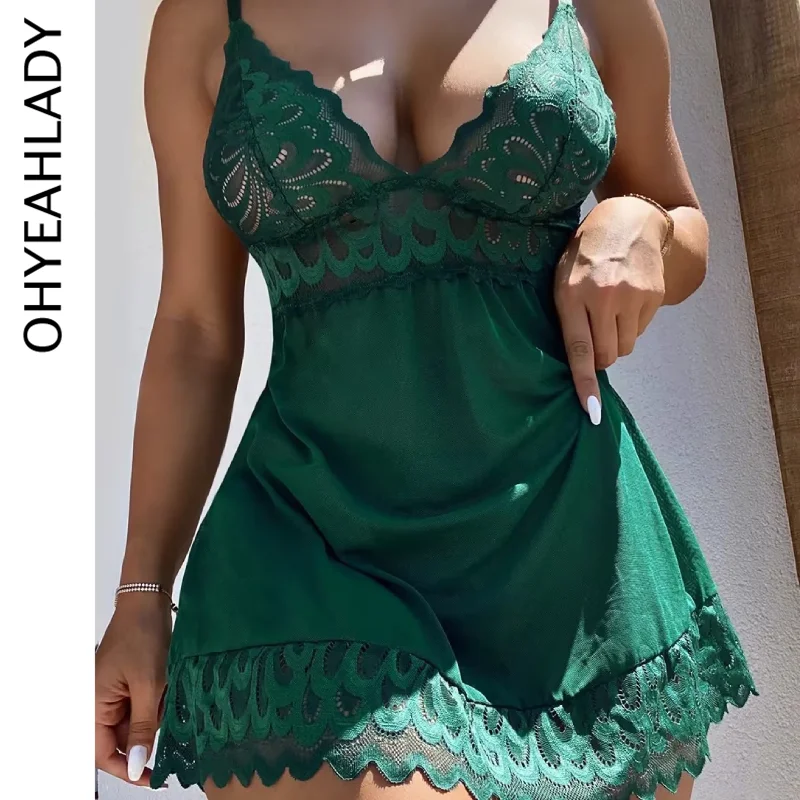 

Ohyeahlady Sexy Green Lingerie Lace Floral Nightgowns Deep-V Nightwear Nighty Dress With Thong Smooth Hollow Out Mesh Nightgown