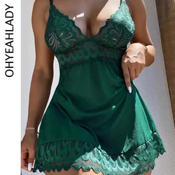 Ohyeahlady Sexy Green Lingerie Lace Floral Nightgowns Deep-V Nightwear Nighty Dress With Thong Smooth Hollow Out Mesh Nightgown