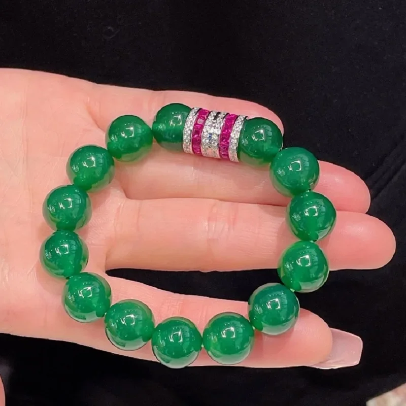 CUMEE Fashion Design 12mm Ice Green and White Chalcedony Bead String Bracelet for Women 925 Silver Gemstone Gold Plating
