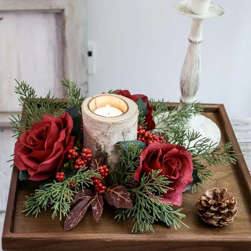 Christmas Floral Candle Rings Artificial Floral Wreaths Candle Rings Flower Wreath Wreath Candle Holder Fake Small Candle Flower