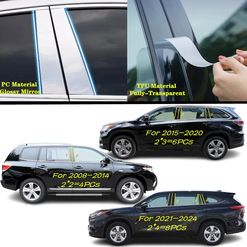 

For Toyota Highlander Kluger 2008-2015-2018-2020-2024 Car TPU/Glossy Mirror Pillar Post Cover Door Trim Window Molding Sticker