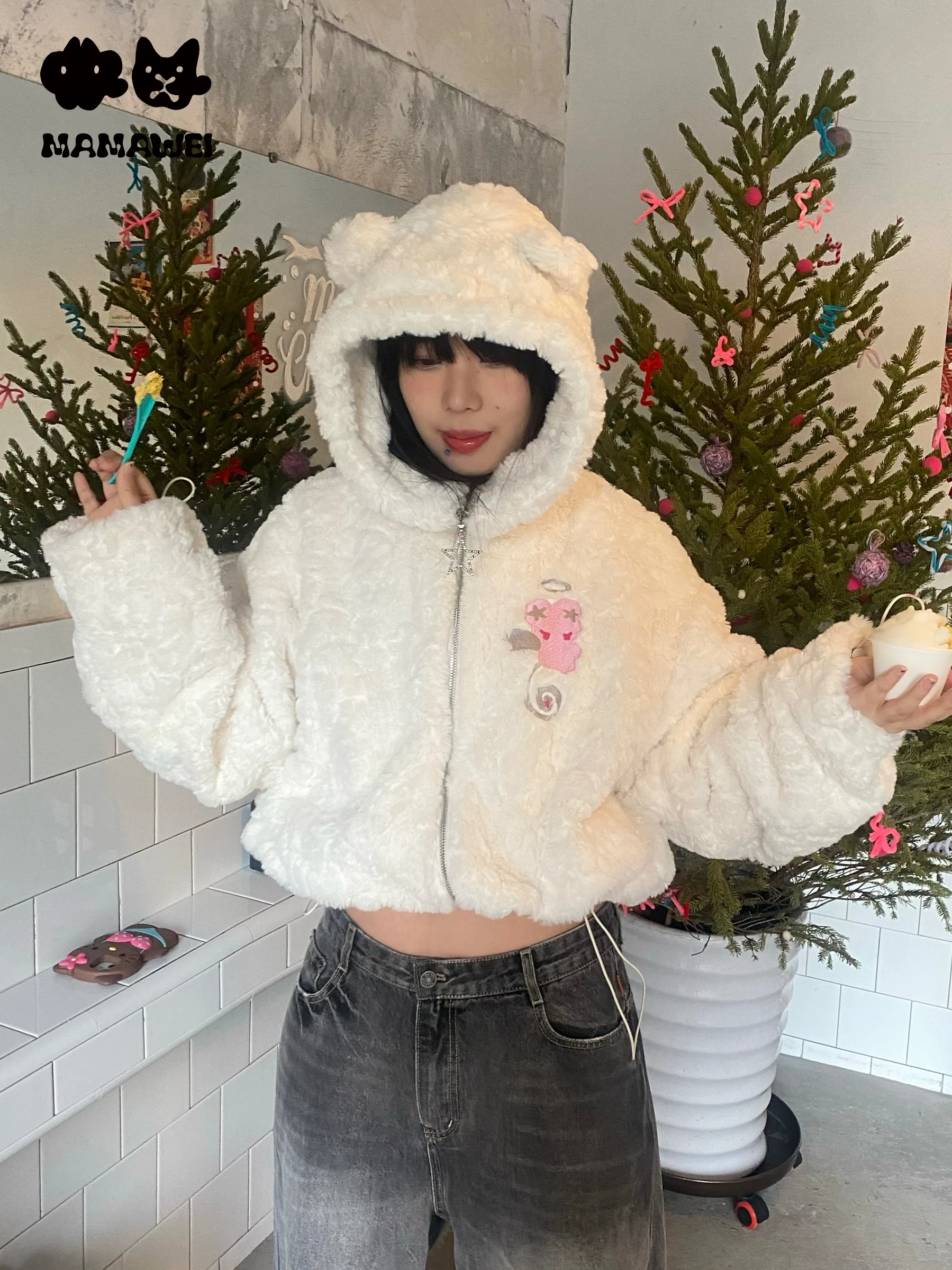 

Оригинальная зимняя куртка MAMAWEI с вышивкой, милыми медвежьими ушками, пушистым капюшоном и высоким воротником для женщин