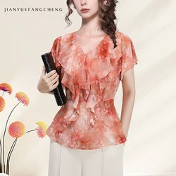 2024 Summer Women's Short Sleeve Floral Printed Chiffon Top Ruffle Blouse Slim V-neck Patchwork Female Casual Small Shirts