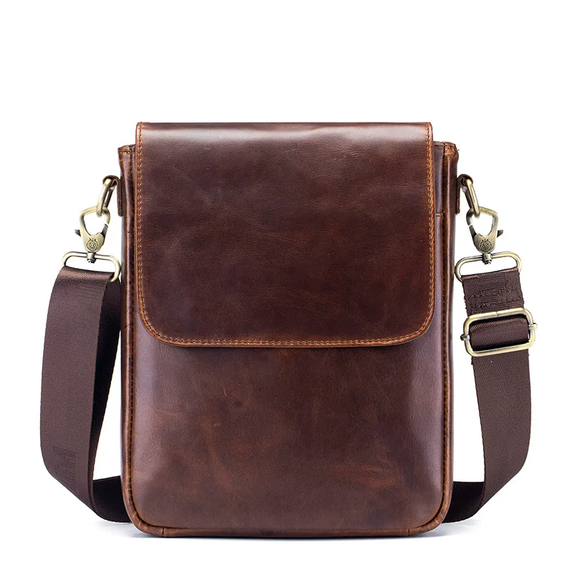 Men Genuine Leather Crossbody Bag Vintage Flap Shoulder Messenger Bag With Adjustable Strap Casual Travel Commute Male Purse