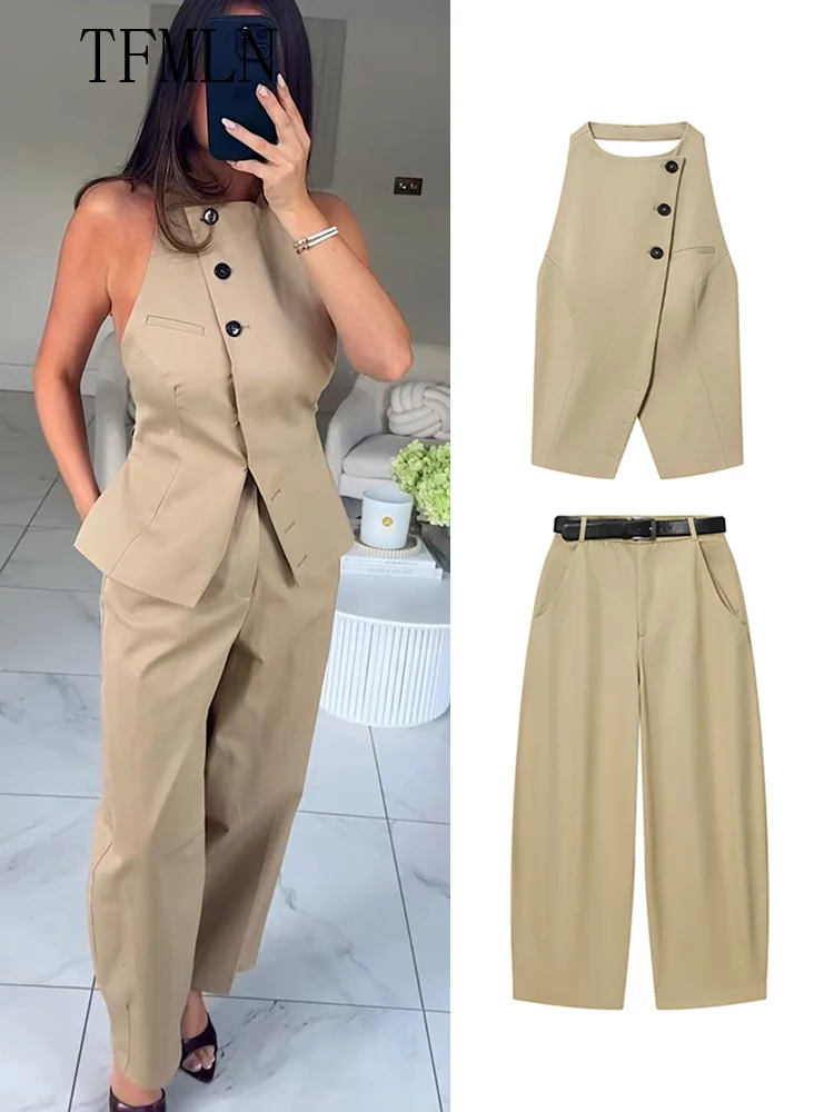 مثير المرأة الصلبة الرسن الأعلى مستقيم بانت مجموعات 2025 الخريف شيك عارية الذراعين بلوزات بلا اكمام سستة السببية بنطلون مع حزام الزي