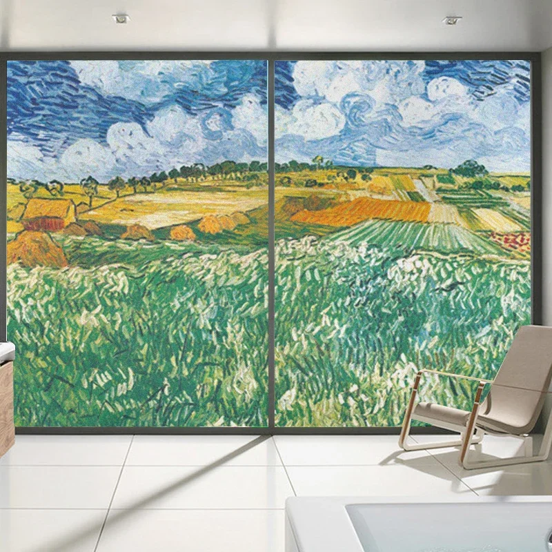 Privacy Windows Film Decorative Van Gogh Stained Glass Window Stickers No Glue Static Cling Frosted Windows Film for Home