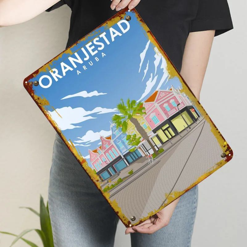 Oranjelad أروبا سيتي سكيب السفر المشارك علامات معدنية النقل المشارك بار مخصص صفيح تسجيل ل جدار الفن الديكور المنزل