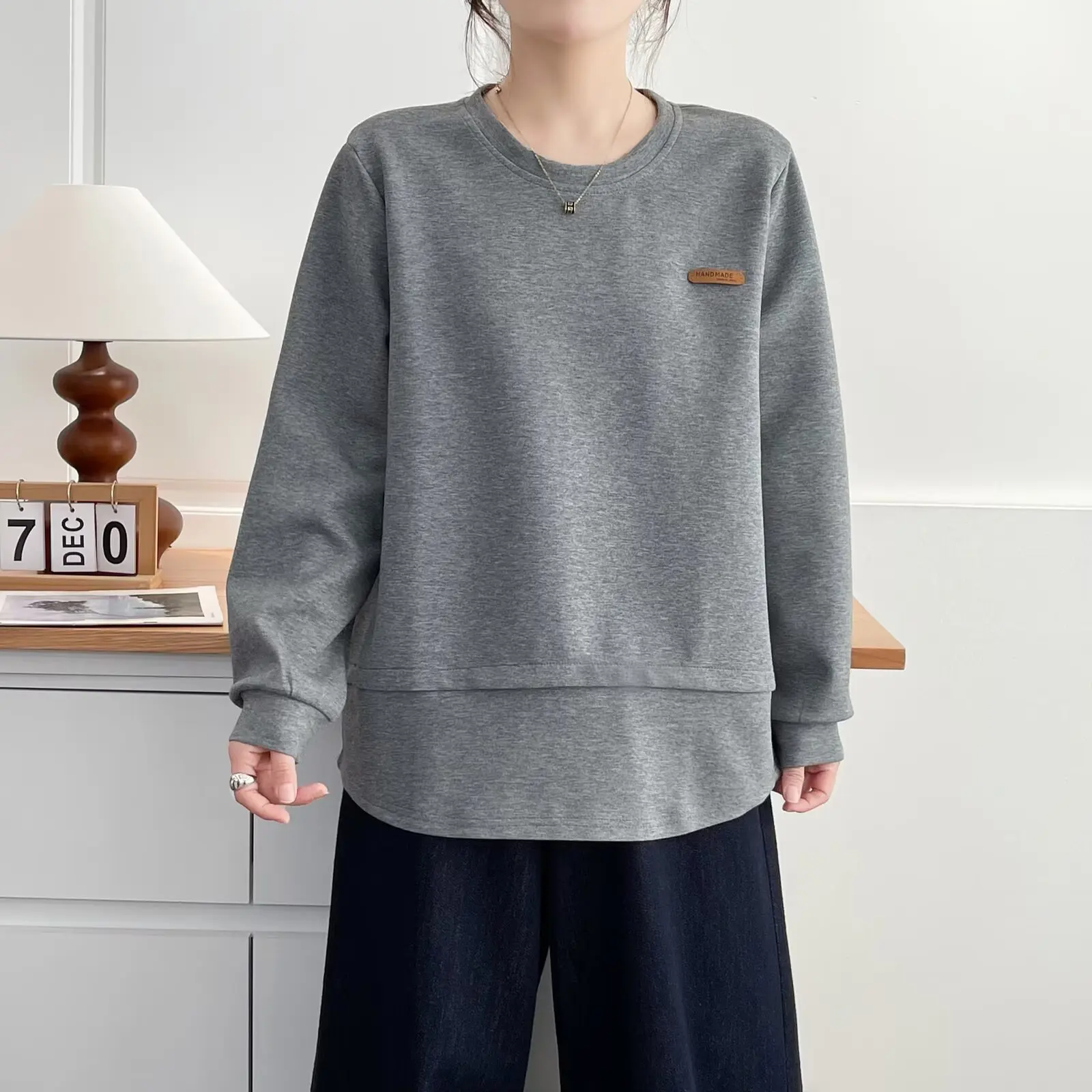 XXXXL موضة حجم كبير بلوزات المرأة الخريف جديد بسيط عادية المسمى وهمية 2 قطعة بأكمام طويلة 633 #4