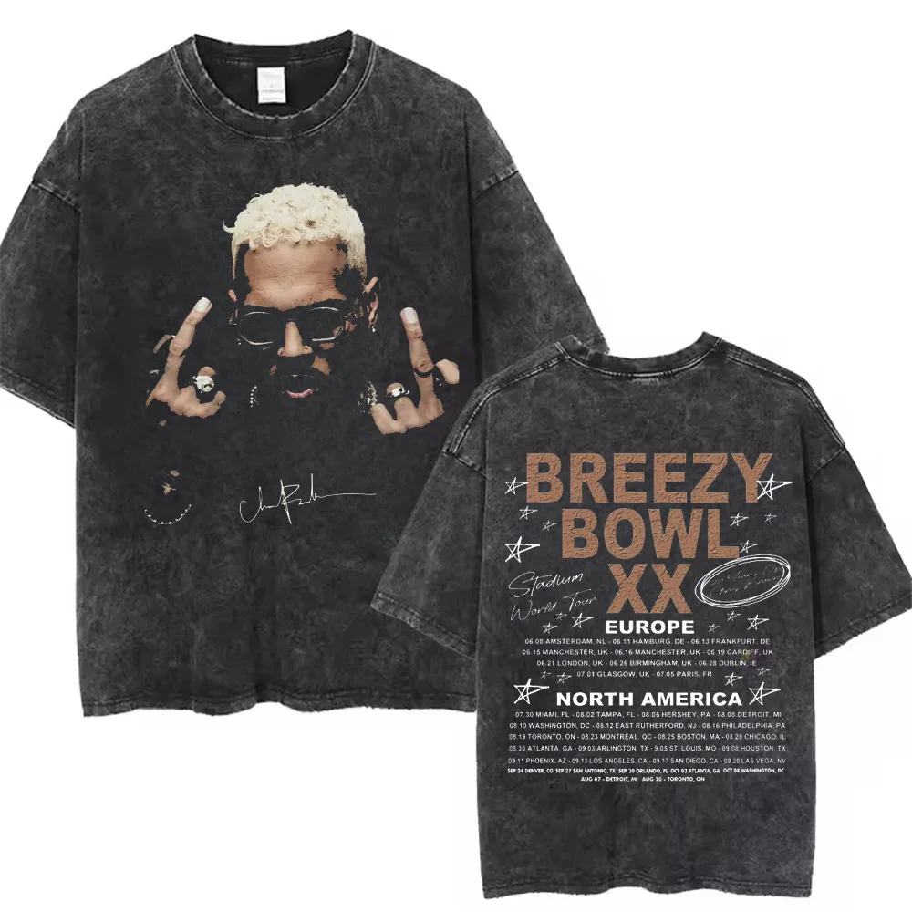 Chris Brown Breezy Bowl XX Concert Cotton Tee Tour Washed T Shirt Vintage Gothic Top Men's Portrait Hip Hop Streetwear