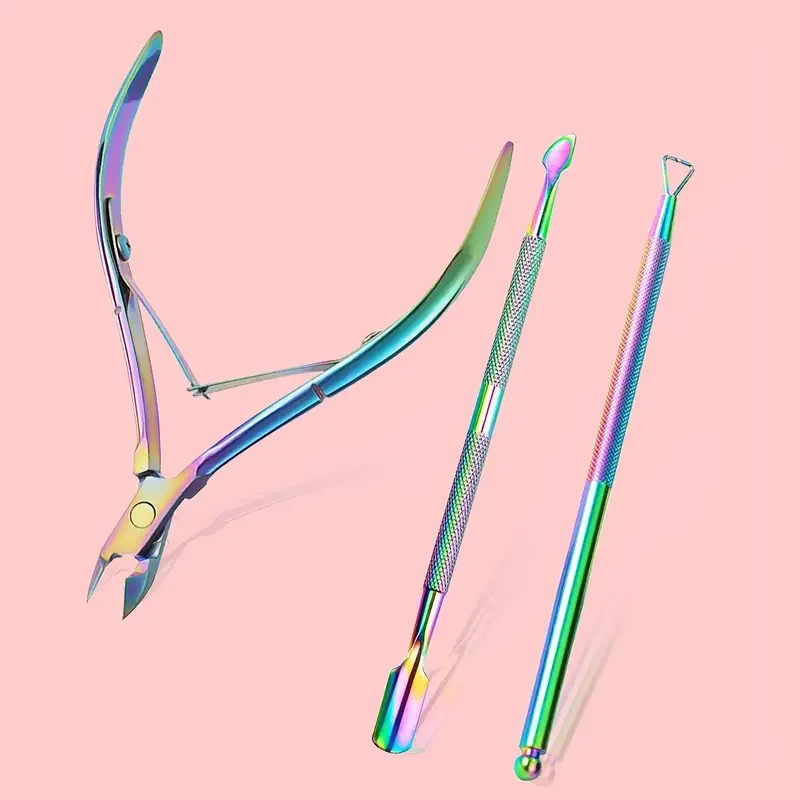 3pcs Stainless Steel Cuticle Nipper and Pusher Set - Rainbow Color - Manicure Tool Kit for Fingernails and Toenails