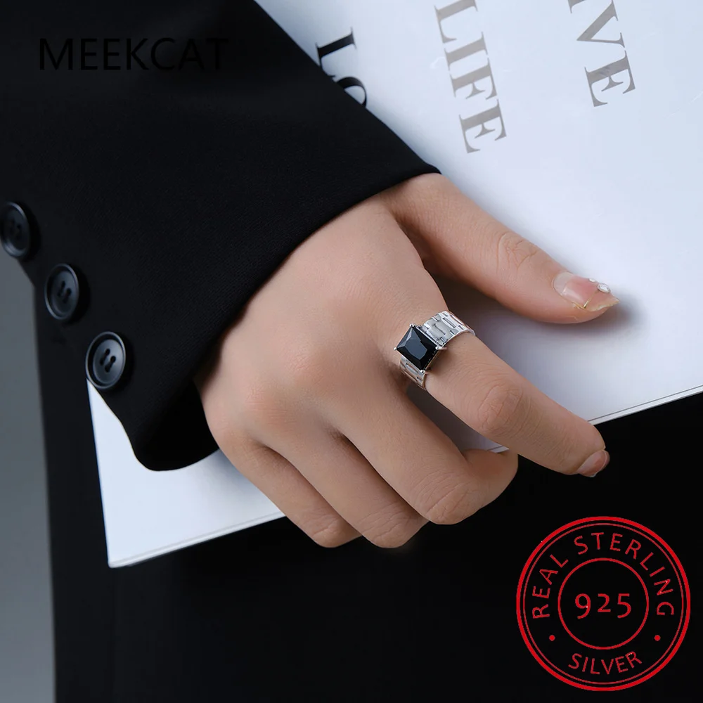 Emerald Cut Natural Black Spinel 925 Sterling Silver Braided Texture Open Ring for Women Black Gemstone Fine Jewelry Party Gift