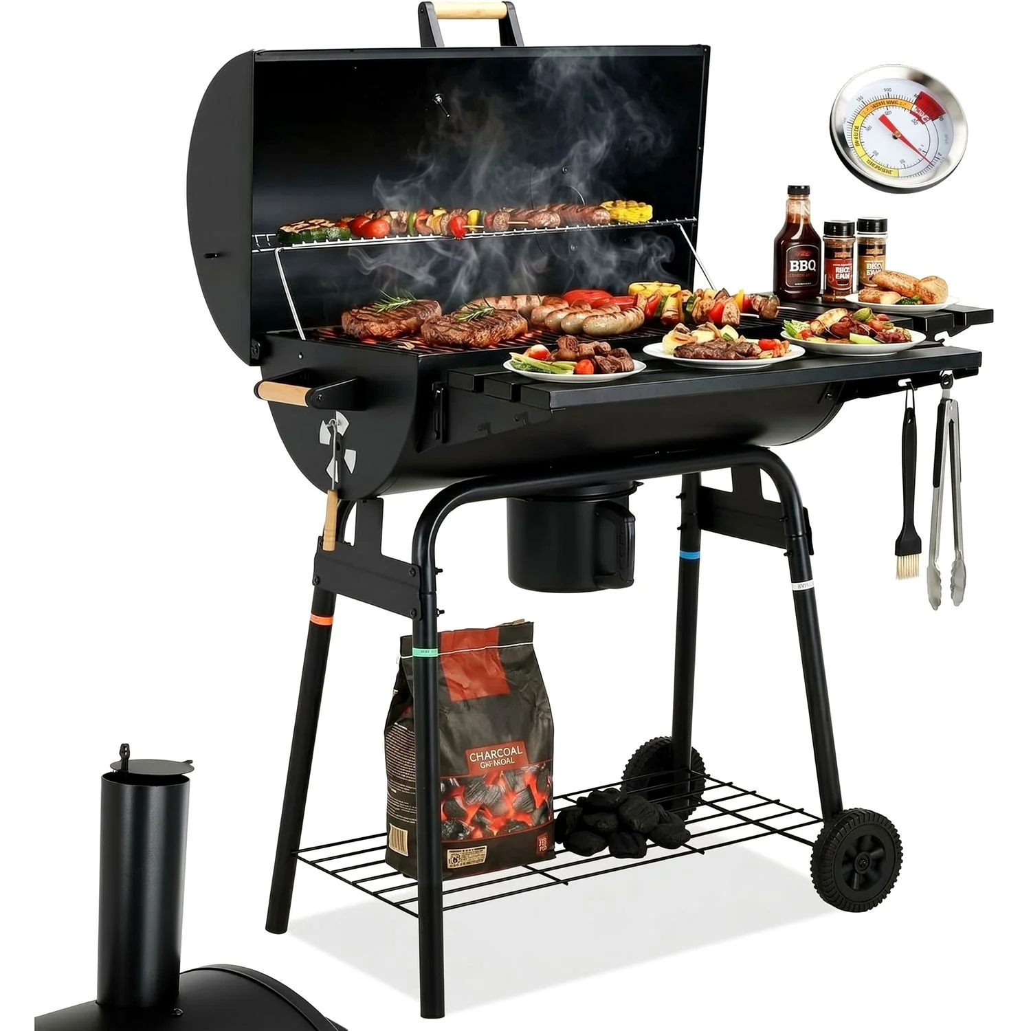 Barbacoa De Carbón Con Tapa Y Termómetro, Carro Con Ruedas Y 2 Cámaras, Ideal Para Asado Directo Y Ahumado Indirecto, Incluye Bandeja Frontal Y Estante Inferior