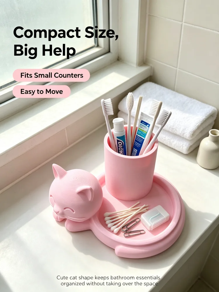 High-Appearance Pink Cat Toothbrush Holder, Cute Animal-Shaped Bathroom Organizer, Girly Light Pink Bathroom Countertop Decoration, Two-In-One Partitioned Design with Storage Tray, Holds Toothbrushes, Toothpaste, and Various Toiletries, Healing and Cute Style Bathroom Decor, Suitable for Dressing Tables and Washbasins, Easily Creates a Warm and Sweet Bathroom Atmosphere, a Favorite Bathroom Organizer for Girls