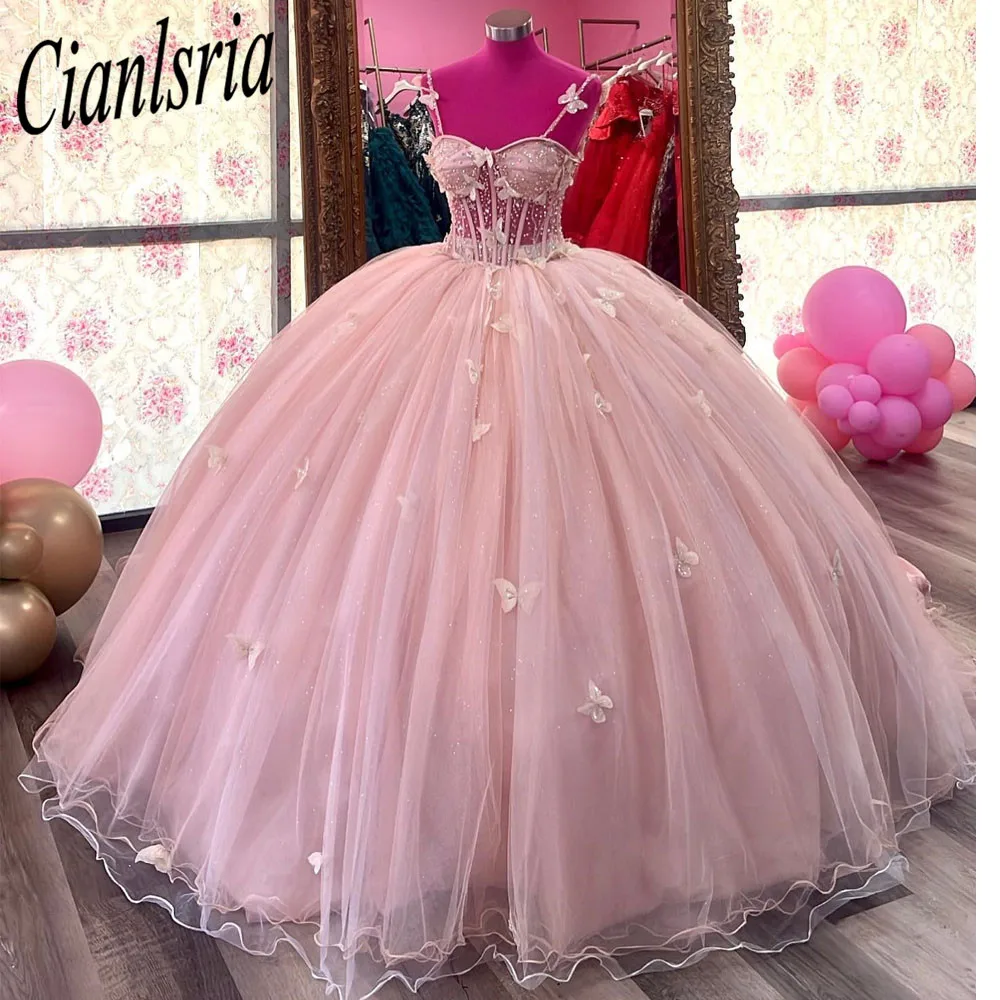 Vestidos Quinceanera rosa para meninas doces, vestidos de baile com miçangas, vestido de graduação com apliques, renda, 15 anos