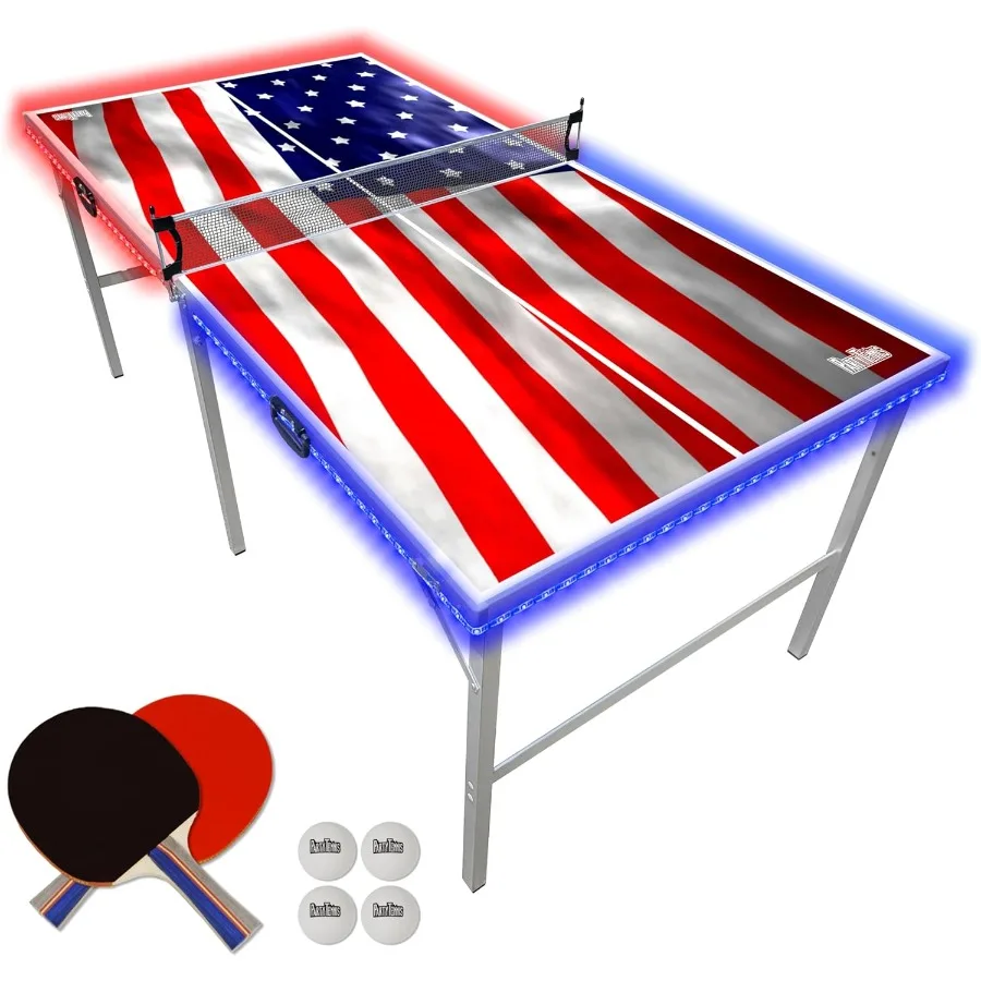 

Mid-Size Portable Folding Indoor Outdoor Ping Pong Table 6 ft x 3 ft with Optional LED Lights for Adults Game Room Table Tennis