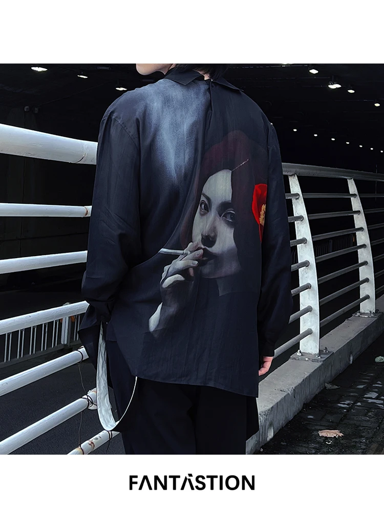 

FANTASTION Dark style Double sided front and back wearing shirt Unisex casual Long sleeves Oversized shitrs daily
