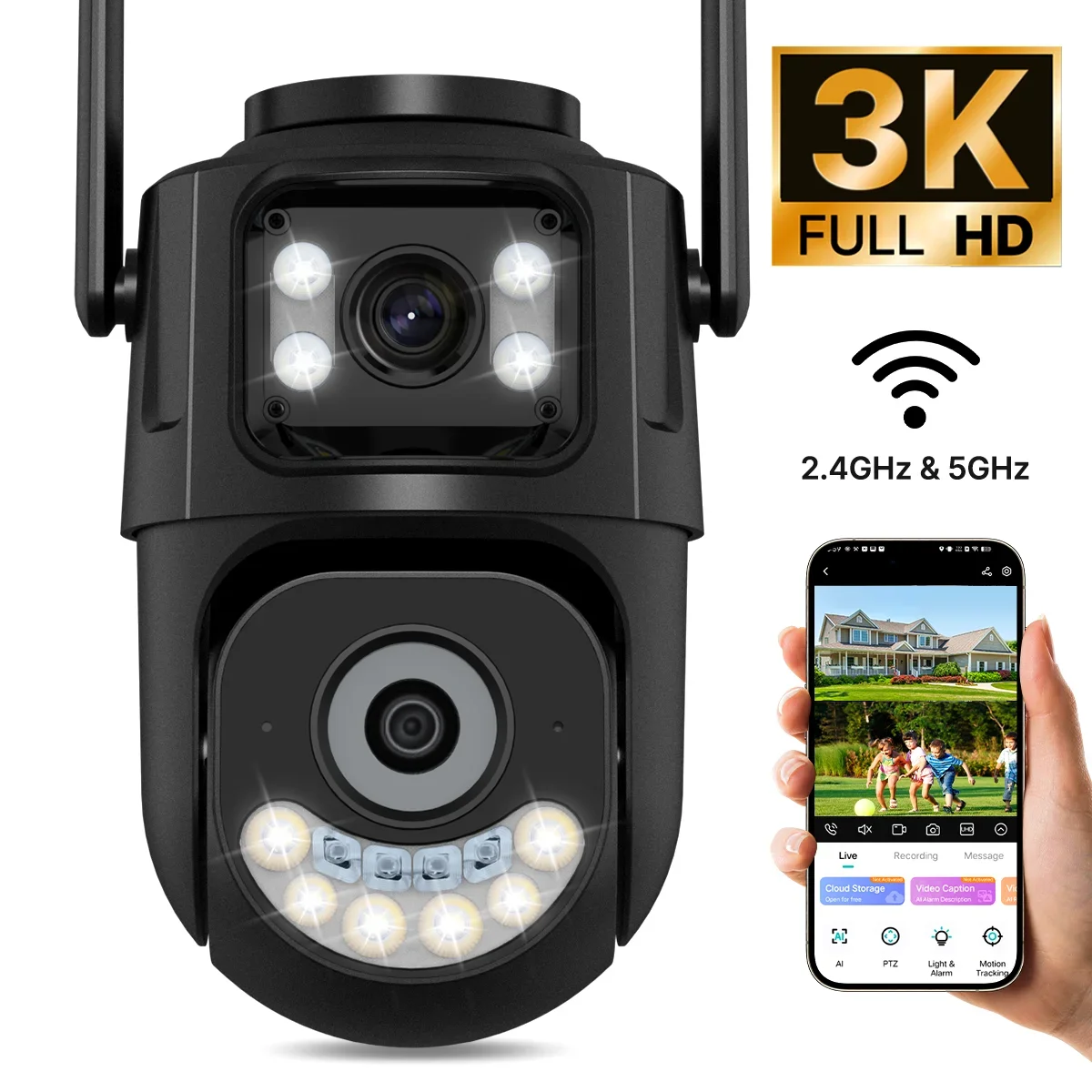 WONSDAR 2.4GHz＆5GHz WiFi Camera Auto Tracking Night Vision 2-Way Audio Outdoor PTZ Camera CCTV Surveillance iCsee