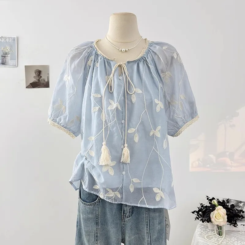 Summer Embroidery Tassel Blouse For Women Elegant O-Neck Puff Sleeve Lace Splicing Blue Tops Female Loose Party Shirts 2025 New