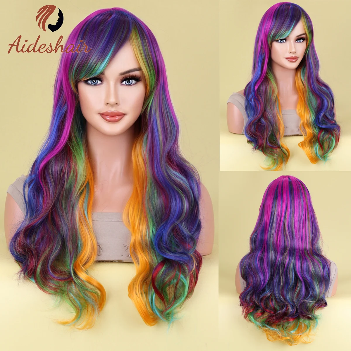 Aideshair Cosplay Wig Christmas Purple Half Pink Synthetic hair Wigs with Bangs for Black White Woman Heat