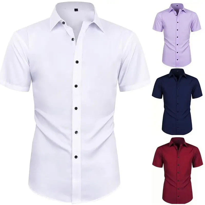 

Business Short Sleeve Shirt Men's Elastic Polyester Upper Body Wear Resistant Commute Style Pure Color Square Collar Shirt