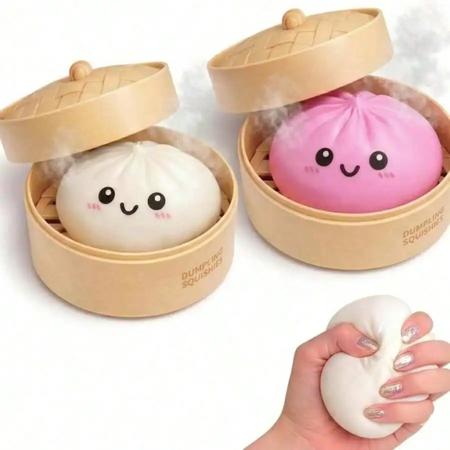 2/4/6Pcs Dumpling Squeeze Fidget Toys, Handmade TPR Slow‑Rebound Food Toy with Steamer Case for Anxiety Relief & Focus
