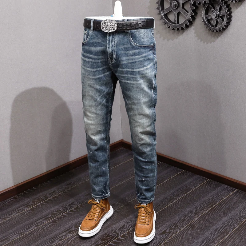 Streetwear Fashion Men Jeans Retro Blue Elastic Slim Fit Ripped Printed Jeans Men Vintage Trousers Casual Denim Pants Hombre
