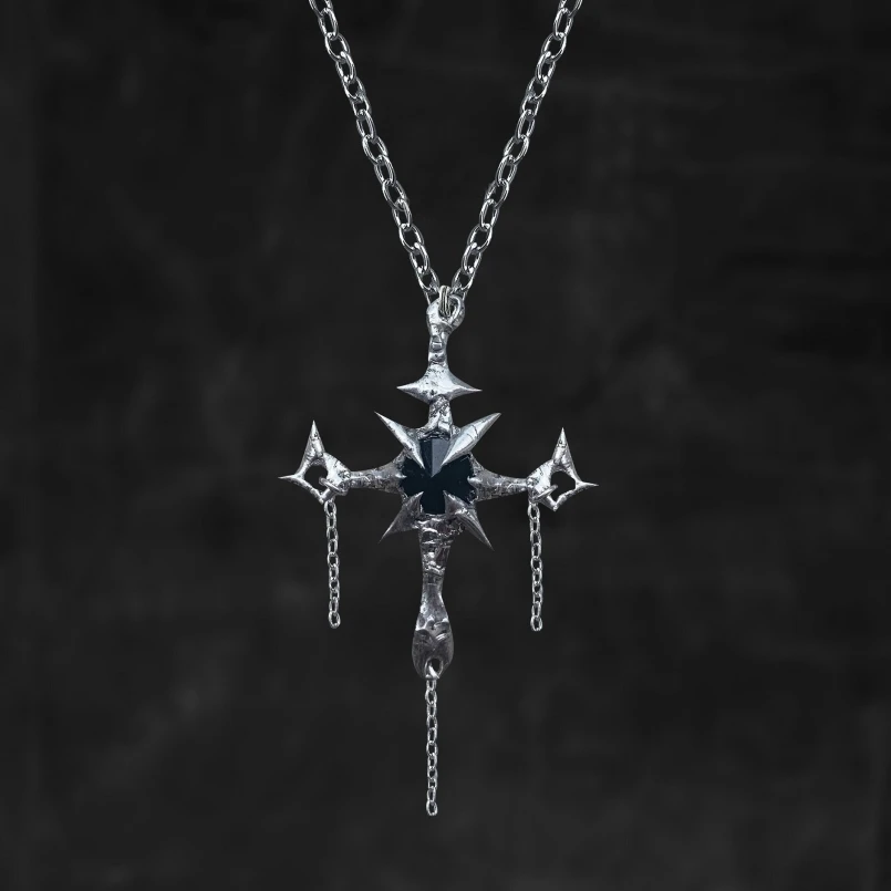 

Cubic Zirconia Soldered Necklace Invisible Setting Jesus Brutalist Y2k Handmade Christian Organic Claws Spiky