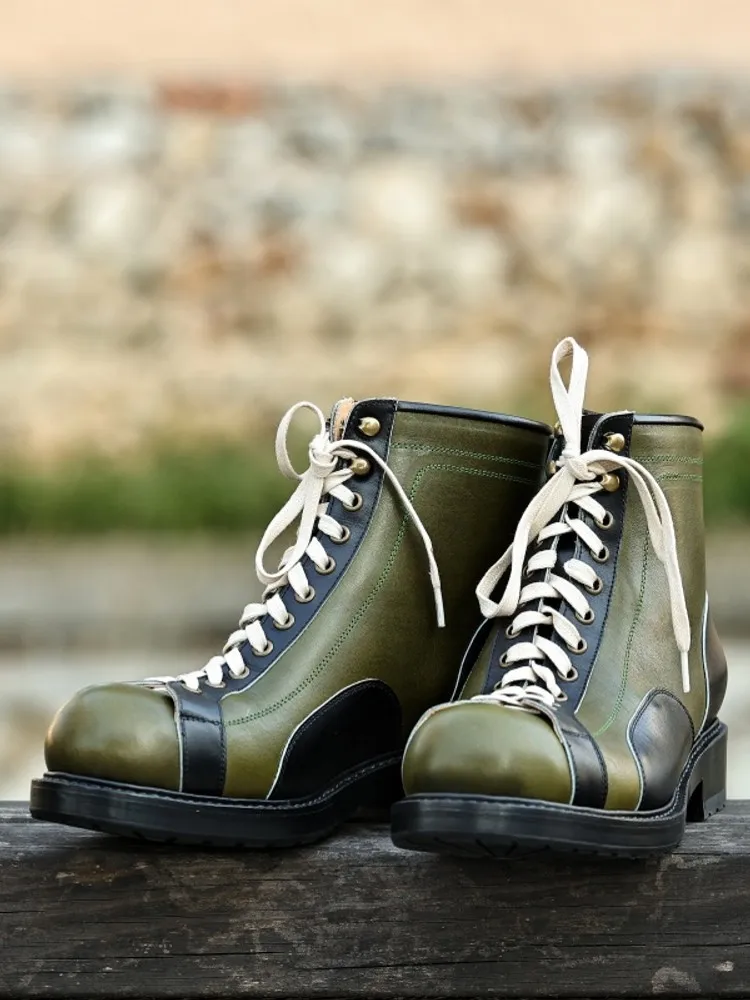 Retro Handmade Comfortable Men Fashion Cowhide Genuine Leather Patchwork Mixed Color Boots Men Lace Up High Top Ventilate Shoes