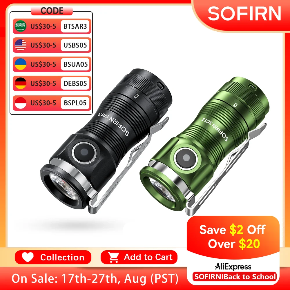 Sofirn Mini SC13 Potente torcia elettrica SST40/519A LED 1300lm 18350 Luce LED ricaricabile 95 Torcia ad alto CRI con magnetico