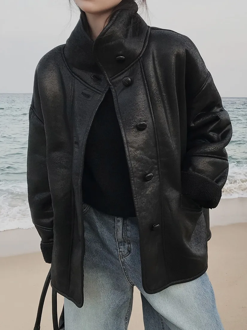 Retro Sle Pelle scamosciata Biker Jaet Cappotto invernale in cotone caldo da donna Capispalla in pelliccia e pelle intercati Sle coreano