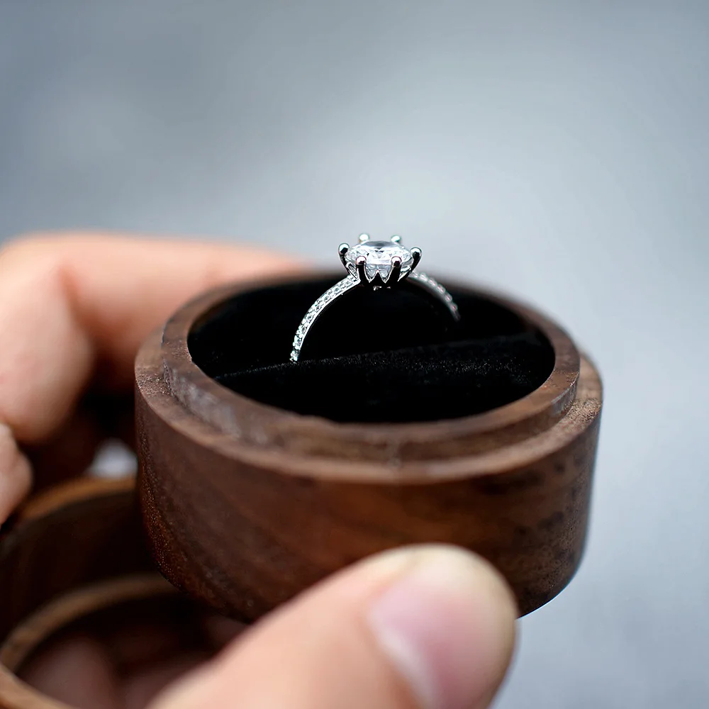 Personalized Wooden Engagement Ring Box Custom Wedding Round Black Walnut Doublt Slot Jewelry Case Anniversary Ring Proposal Box