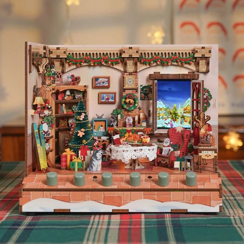 DIY Holz Weihnachten Cottage Miniatur Modell Kit Puppe Häuser Santa Claus Casa 3D Puzzle Puppenhaus Mit Sound Licht Freunde Geschenke