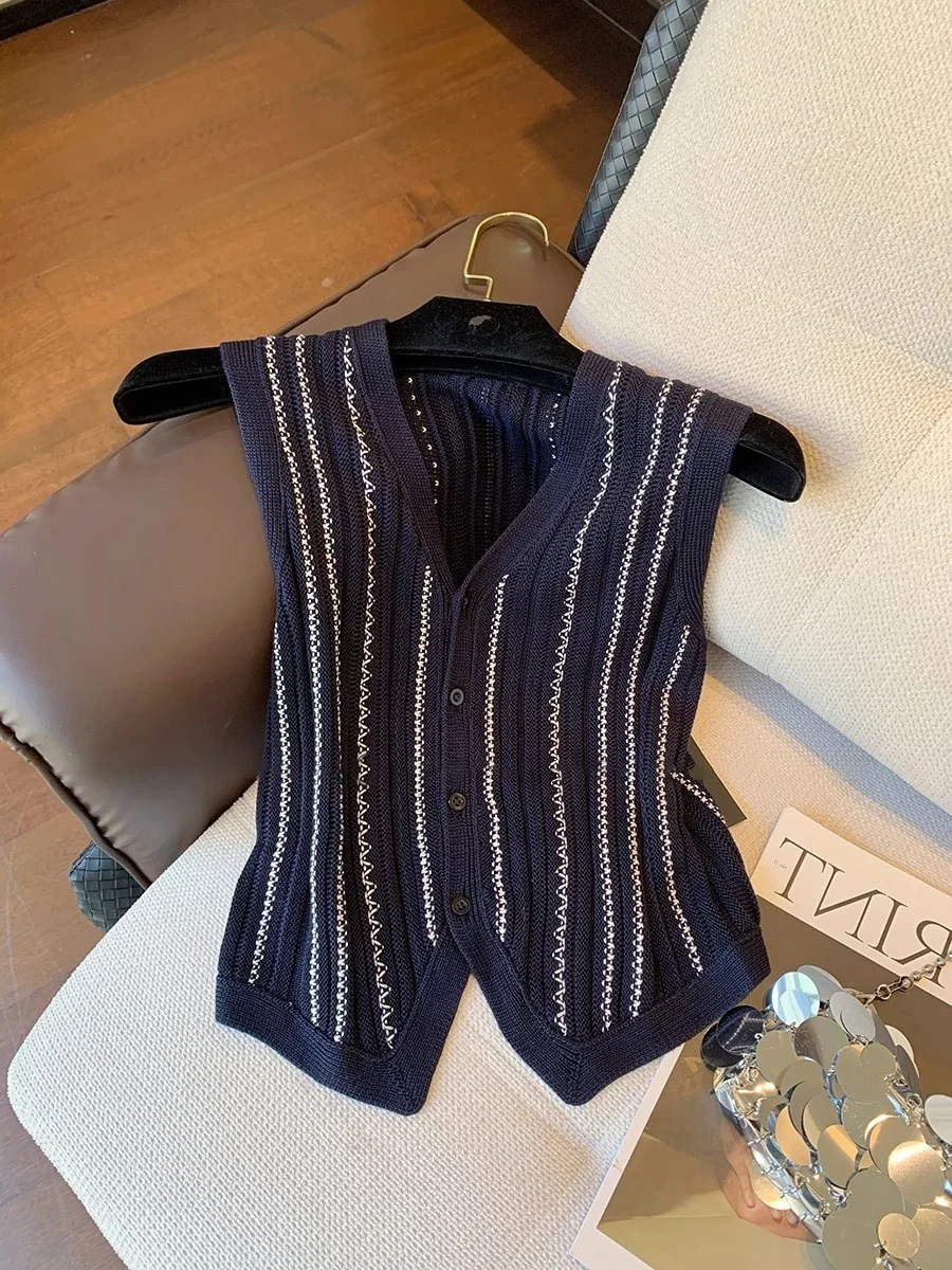 

Retro Striped V-Ne Knitted Vest Slimming Faionable Summer Trendy Personali Matching Svel Tank Top for Ladies