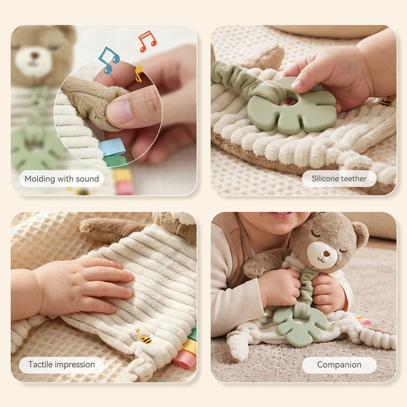 Newborn Toys Plush Bear Security Blanket with Silicone Teether Double Sided Textures Crinkle Sound Baby Toys Soft Fabric Sensory