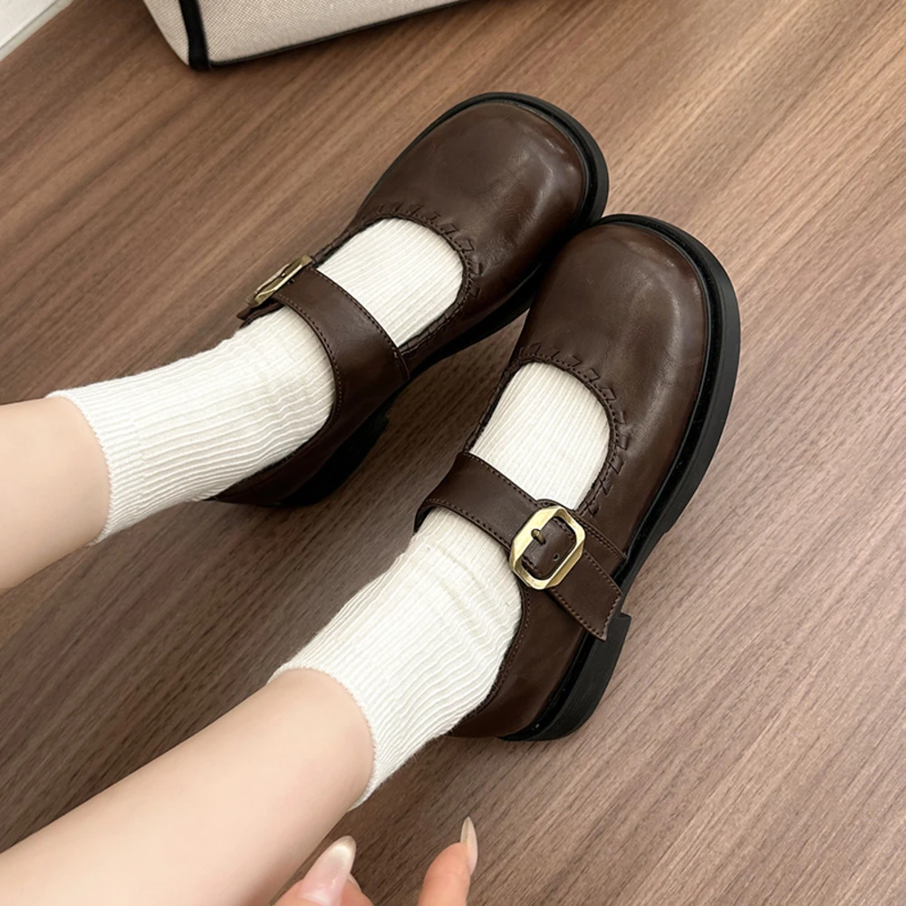 

Classic Black Mary Jane Shoes 4cm Med Heel Concise Spring Autumn Casual Metal Buckle Sewing Shoes for Woman Cute Shoes