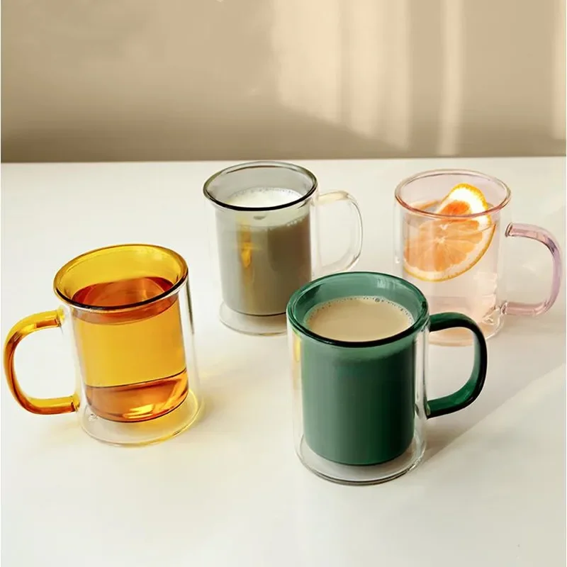 Colorful Glass Double Bottom Mug with Handle Home Coffee Cup Breakfast Milk Oatmeal Double Wall Anti-scald Beautiful Tea Mugs