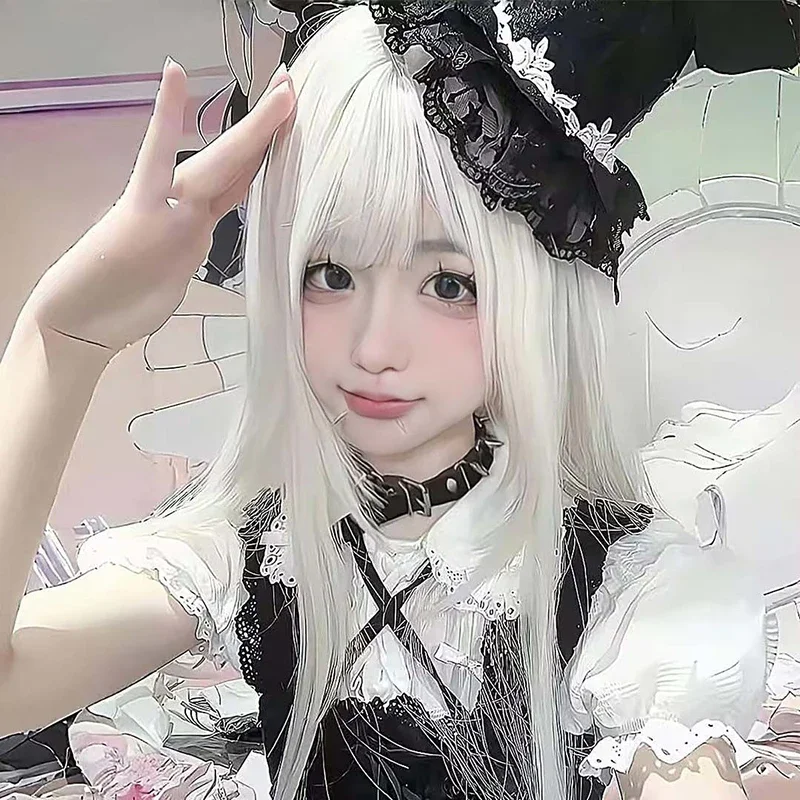 Femme Lolita Match cheveux longs raides bande dessinée exposition rôle vêtements habiller chapeaux frange droite perruque 2D Cos postiche