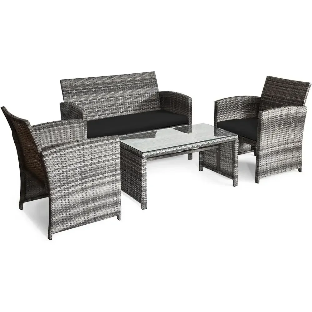 4-Piece Outdoor Patio Set: Rattan Loveseat and Chairs with Cushions, Wicker Coffee Table for Garden, Lawn, Poolside