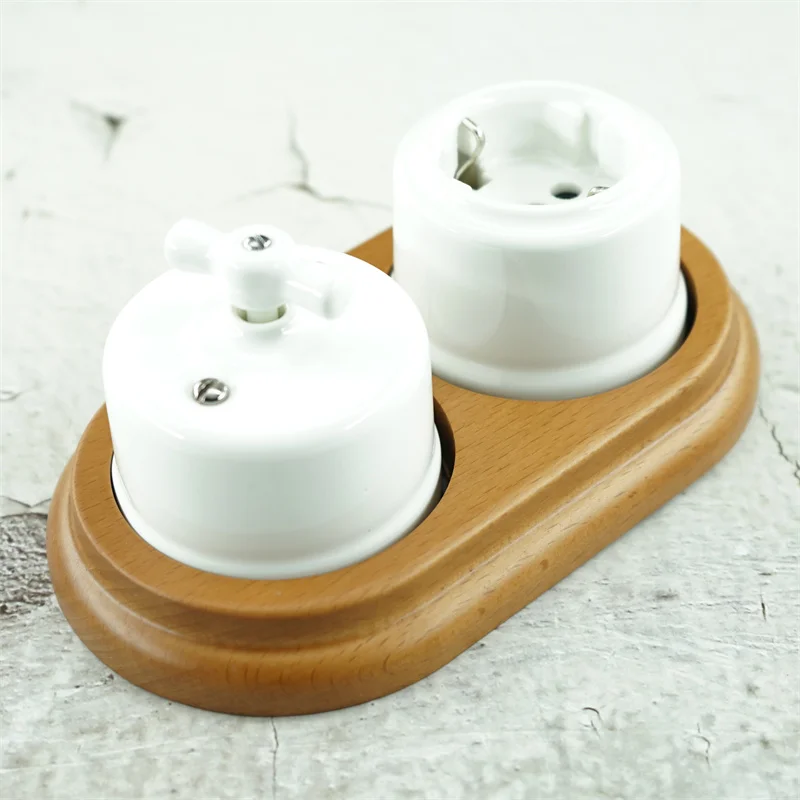 EU Standard Porcelain Ceramic Vintage Retro Sufrace-mounted Wall Switch And German Socket With Double Wooden Frame