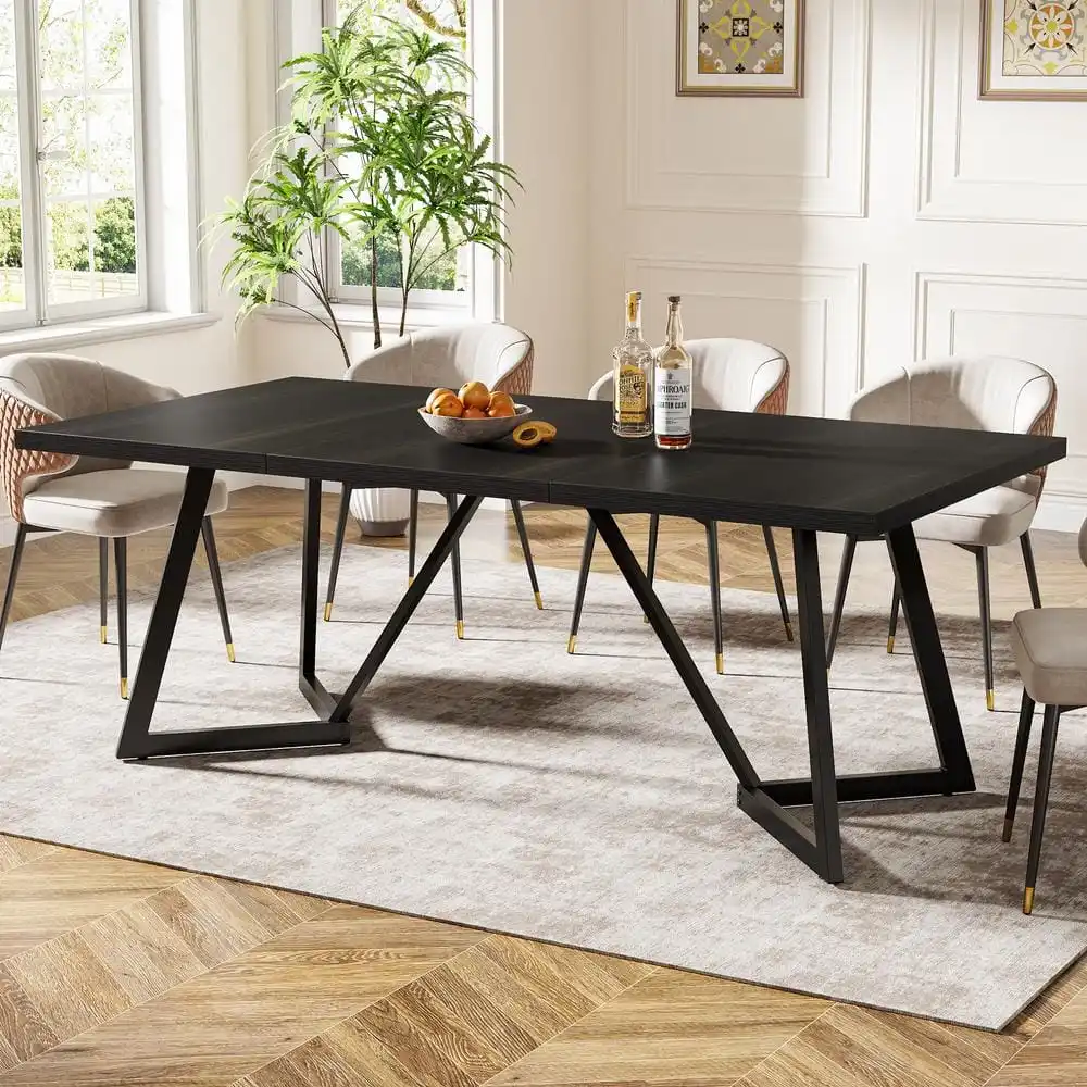 Bois noir rectangulaire moderne 70,86 po. Tables de cuisine W à 4 pieds, table à manger pour 6-8 places