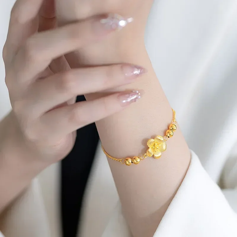 

9999 Real Gold 24K Niche Premium Gold Flower Women's Bracelet Super Immortal Camellia Small Flower Fine Bracelet Jewelry